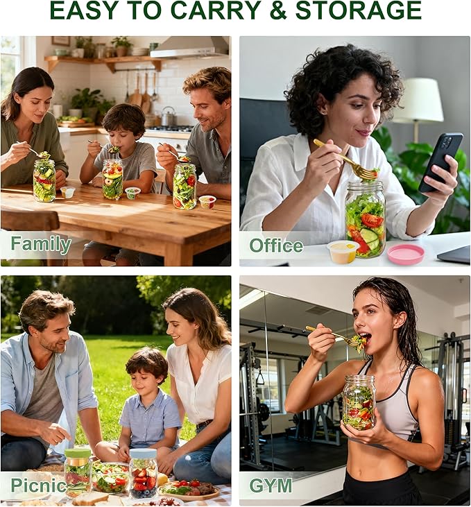 4 Pack Glass Salad Jars with Lids,32oz Mason Jars for Meal Prep,Leakproof Lunch Container with Two Small Built-in Boxes for Wet/Dry Separation of Salad Dressing and Dry Ingredients (4 Color Pack)