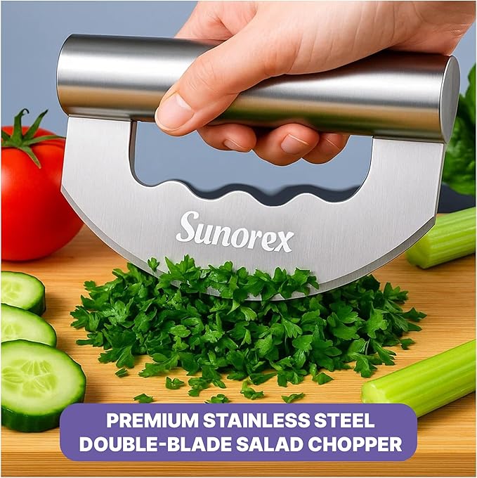 Sunorex 3-in-1 Stainless Steel Salad Chopper & 2 Wooden Hands Set – Double Blade Mezzaluna Chopper with Bamboo Servers Salad Prep Kit for Chopping, Tossing & Serving Vegetables, Fruits, and Salads