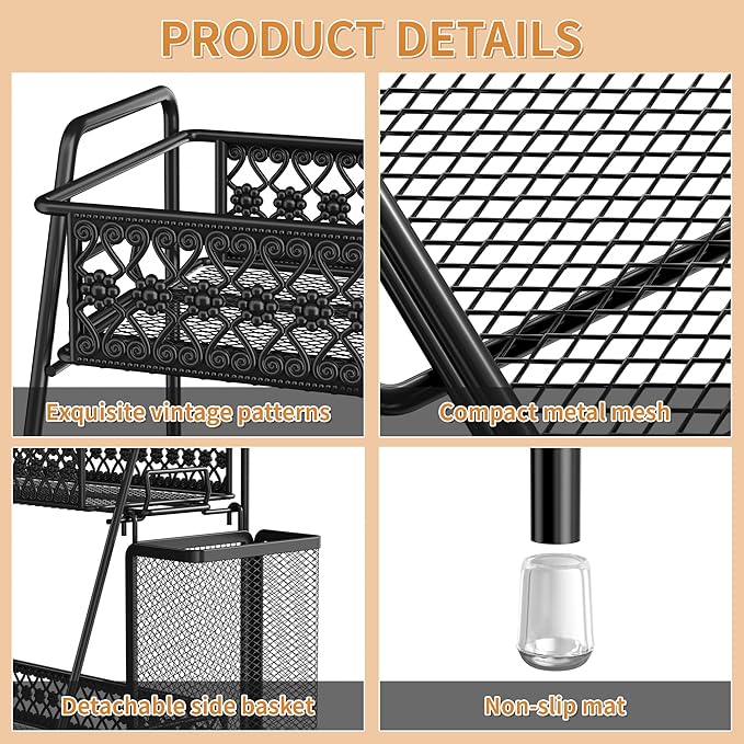 SILUB Vintage 3 Tier Spice Rack Organizer for Kitchen Counter, Bathroom Counter Organizer with Bonus Basket, 3 Tier Bathroom Counter Organizer for Spices Makeup Perfumes, Retro Countertop Organizer