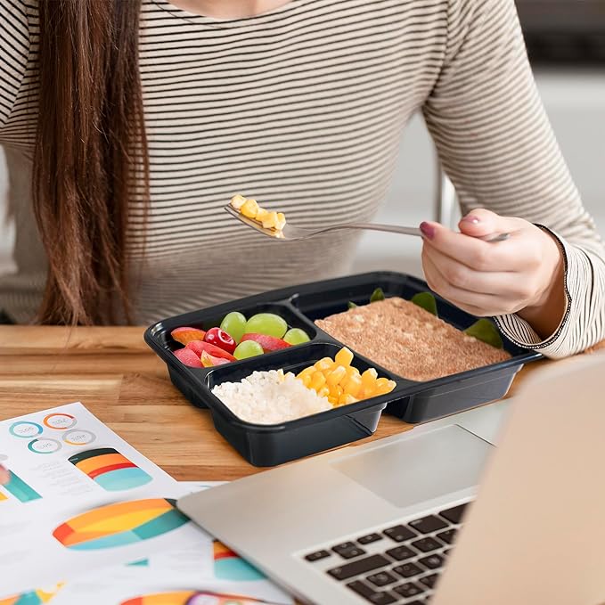 GUSTO [24 oz - Case of 150 3-Compartment Meal Prep Containers with Lids – Reusable, Microwaveable, Dishwasher & Freezer Safe, BPA-Free Food Storage Boxes for Portion Control (Formerly Comfy Package)