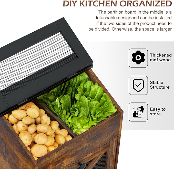 Wooden Potato and Onion Storage Bin w/Lid, Large Capacity and Ventilated Design, Ideal for Pantry, Kitchen Brown