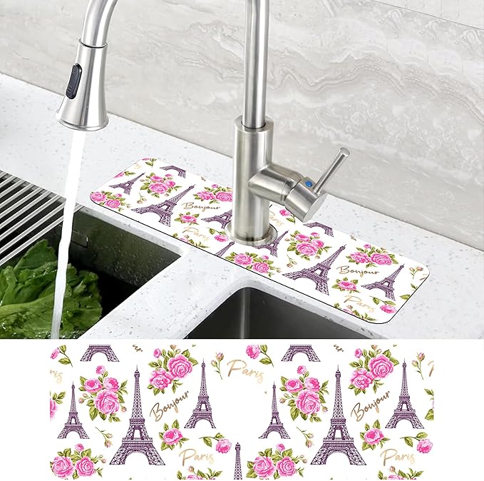 Romantic Eiffel Tower Roses Kitchen Sink Splash Guard Mat Absorbent Fast Drying Mat Faucet Draining Mat Sink Splash Guard Behind Faucet Drip Catcher for Kitchen Bathroom 5.5"×15"