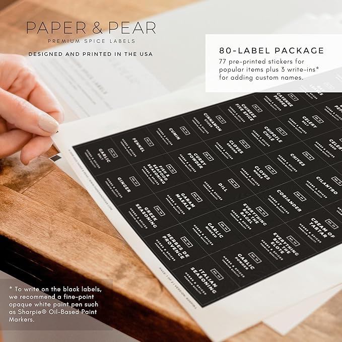 Modern Block-Black Spice Labels (no Jars) by Paper & Pear - Oil Resistant Kitchen Pantry Labels - 1.25” Square Spice Labels Stickers - Durable Spice Jar Labels Preprinted Waterproof - Set of 80