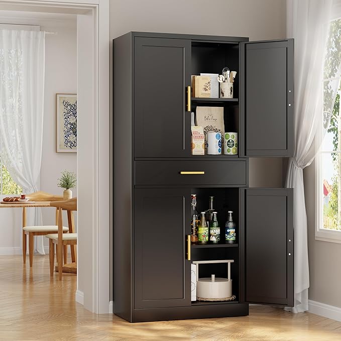 Metal Kitchen Pantry Cabinet, 71"Tall Cabinet with 1 Drawer, Doors and 2 Adjustable Shelves, Pantry Cabinets for Kitchen Storage, Metal Storage Cabinet for Kitchen, Dining Room, Living Room- Black