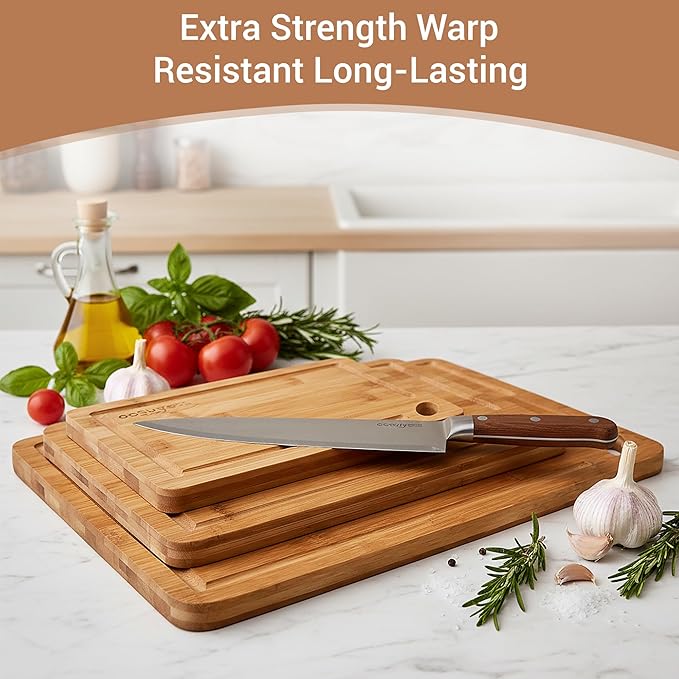 Carbonized Bamboo Cutting Board Gift Set for Kitchen – Set of 3 Wooden Cutting Boards with Deep Juice Grooves, Durable Knife-Safe Chopping Boards for Meat, Vegetables & Bread, Eco-Friendly Board Set