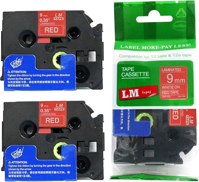 2/Pack LM Tapes - LMe425 Premium 3/8" White Print on Red Label Compatible with P-Touch TZe425 Tape and Includes Tape Color/Size Guide. Replaces Ptouch TZ425 9mm 0.35 Laminated.