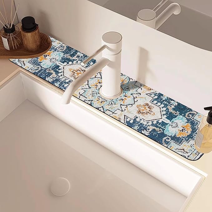 Oriental Blue Turkish Carpet Pattern Sink Faucet Absorbing Mat Sink Splash Guard Faucet Mat Draining Mat Fast Drying Sink Protectors for Kitchen and Bathroom 5.5"×24"