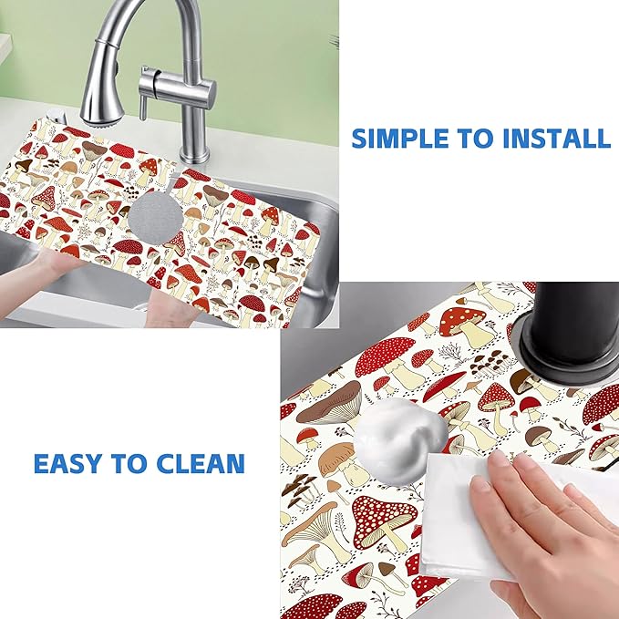 Cartoon Mushrooms Dish Drying Mat for Kitchen Sink Splash Guard Behind Faucet Sink Mat Absorbent Fast Drying Faucet Draining Mat for Bathroom Kitchen 5.5"×15"