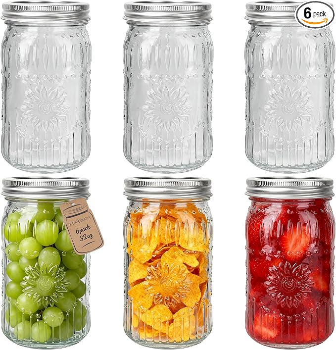 CycleMore 6 Pack 32oz Glass Mason Jars with Silver Two-Piece Lids - Wide Mouth Jars, 1 Quart Canning Jars With Sunflower Print for Preserving, Decor & Storage