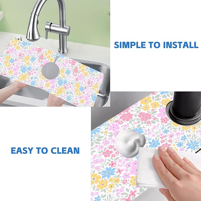 Retro Floral Cute Wildflowers Dish Drying Mat for Kitchen Sink Splash Guard Behind Faucet Sink Mat Absorbent Fast Drying Faucet Draining Mat for Bathroom Kitchen 5.5"×24"