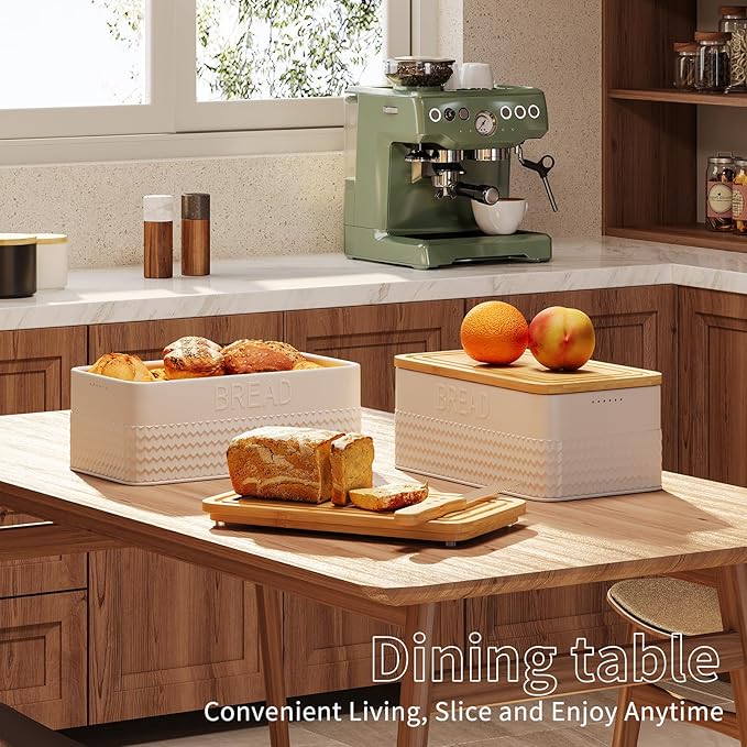 Furshus Bread Box for Kitchen Countertop,Metal Bread Storage Bin with Bamboo Cutting Board Lid, Includes Bread Knife, Fits Sourdough & Buns, Stylish Organize (White)