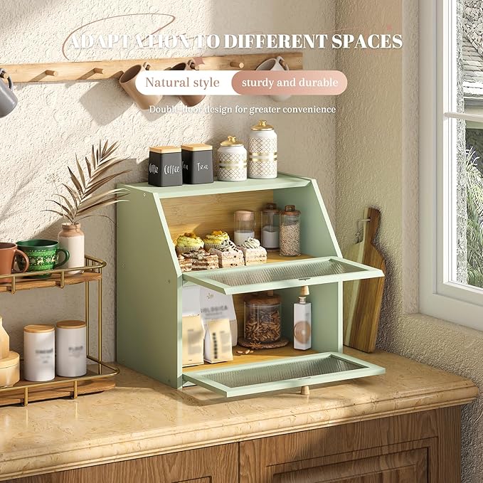 STDDRE Bread Box for Kitchen Countertop Bin Double Layer Bread Box Storage Container Extra Large Capacity Farmhouse with Diamond Pattern Windows (Green, Extra Large)