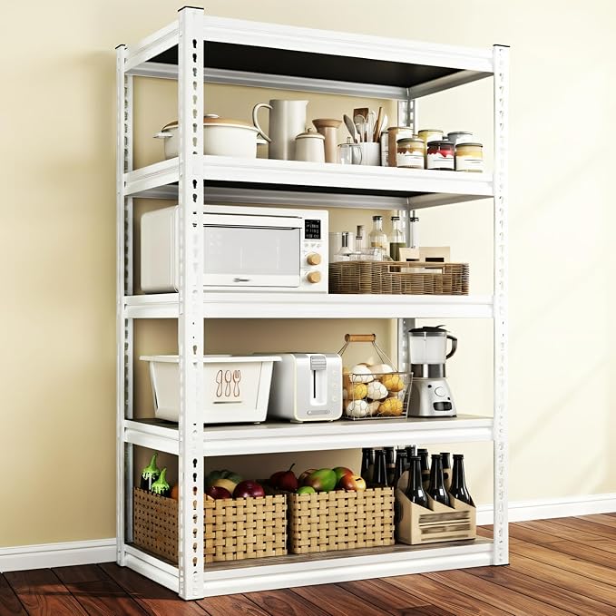 REIBII 5 Tier Storage Shelves, 2500LBS Adjustable Metal Shelving Unit, White Shelves for Pantry, Kitchen, Garage, Warehouse, 65.74" H x 33.85" W x 15.35" D, White