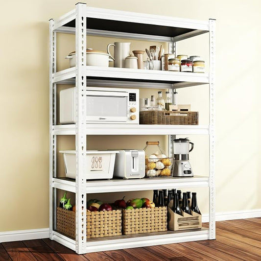 REIBII 5 Tier Storage Shelves, 2500LBS Adjustable Metal Shelving Unit, White Shelves for Pantry, Kitchen, Garage, Warehouse, 65.74" H x 33.85" W x 15.35" D, White