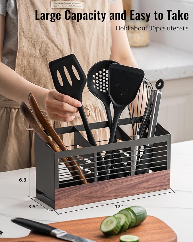 awesohome Utensil Holder for Kitchen Counter, Cooking Utensil Holder with Stone Drying Mat for Storage Spatula, Ladle, Scoop in Farmhouse Countertop with Wooden Pattern Printed, Matte Grey