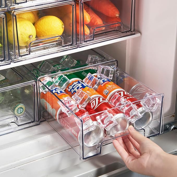 2 Pack Clear Stackable Refrigerator Organizers and Storage Drawers - Pull-Out Fridge Bins with Anti-Slip Base & Easy Clean, Plastic Organizers for Kitchen Pantry Cabinet Closet (Large)
