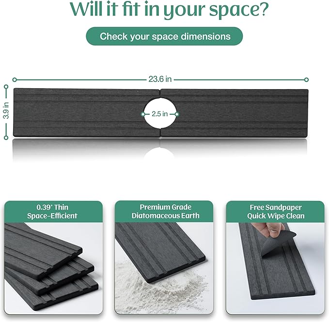 Stone Faucet Mat for Kitchen Sink Splash Guard 23.6" x 3.9" with 2.5" Center Hole | Dark Grey Diatomite Drying Stone Mat | Non-Slip Stone Tray for Kitchen Counter with Premium Texture