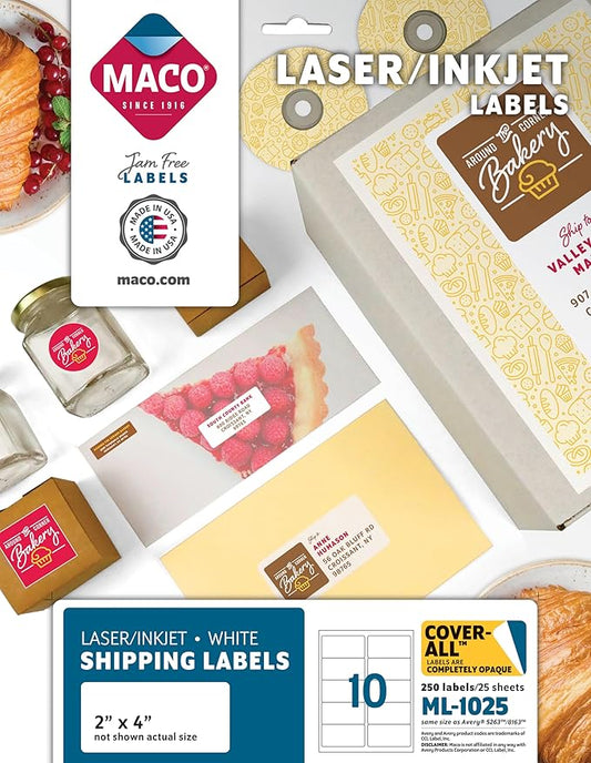MACO Laser/Ink Jet White COVER-ALL Shipping Labels, 2" x 4", 10 per Sheet, 250 per Pack (ML-1025)