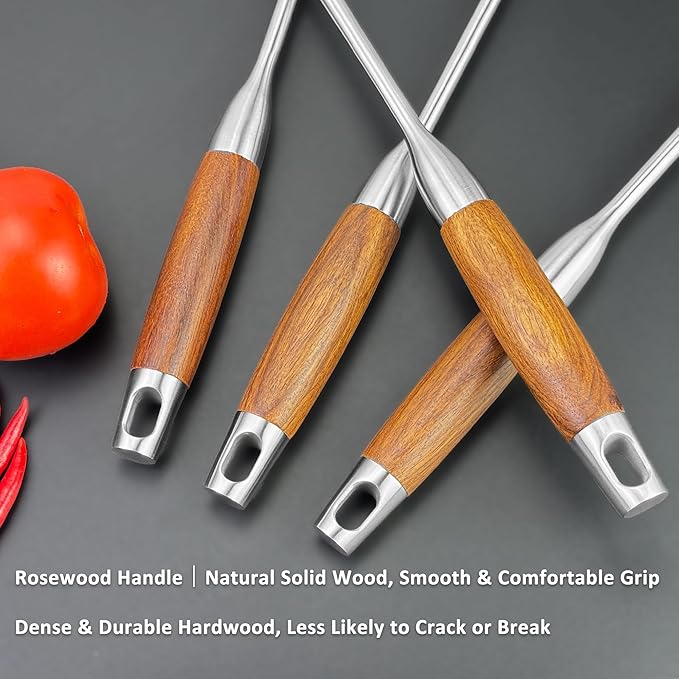 18/10 Stainless Steel Kitchen Utensils Set 4 Pcs Cooking Utensil with Wood Handle, 15” Long Handle Spatula, Soup spoon, Leaking shovel, Kitchen Tools Set (Wood handle - 4 Piece)