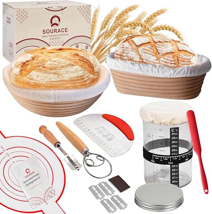 SOURACE Sourdough Starter Kit with 10" Round & 9" Oval Banneton Proofing Basket and Starter Jar, Complete Sourdough Bread Baking Supplies and Baking Gifts for Women, Men, and Bread Bakers