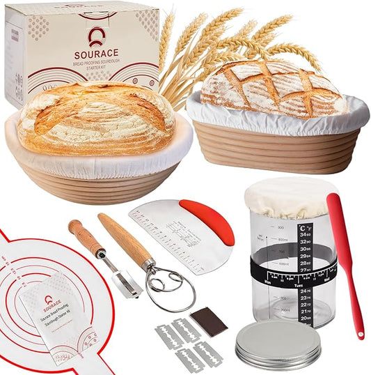 SOURACE Sourdough Starter Kit with 10" Round & 9" Oval Banneton Proofing Basket and Starter Jar, Complete Sourdough Bread Baking Supplies and Baking Gifts for Women, Men, and Bread Bakers