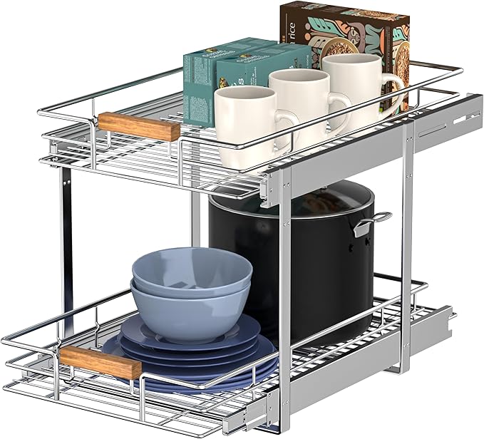 Mount Walker Pull Out Cabinet Organizer(11" W x 21" D), 2 Tier Wire Basket Slide Out Shelf Storage with Wood Handle, Pull Shelf Drawers for 12-1/4” Cabinet Opening, Chrome