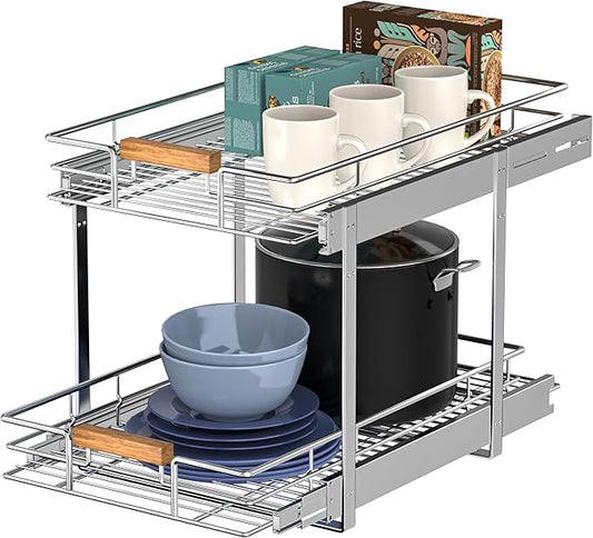 Mount Walker Pull Out Cabinet Organizer(11" W x 21" D), 2 Tier Wire Basket Slide Out Shelf Storage with Wood Handle, Pull Shelf Drawers for 12-1/4” Cabinet Opening, Chrome