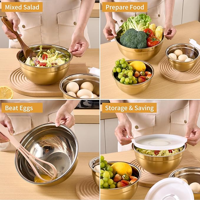 Onlycooker Gold Mixing Bowls With Airtight Lids,Stainless Steel Bowl,Salad Bowls 5 Piece Colorful Nesting Bowl Gold Kitchen Accessories,Size 5.5,3.6,2.7,2.1,1.5QT Stackable Design
