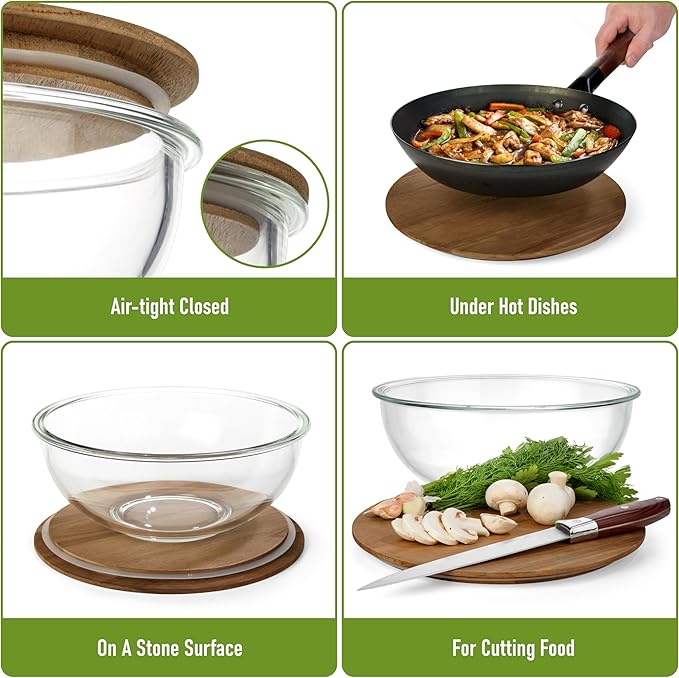 dokaworld Set of 5 Nesting Glass Bowls with New Updated Acacia Lids for Foodprep, Storage, Mixing & Cooking - Microwave & Oven-ready BPA Free Durable Heat Resistant Inert Borosilicate Glass