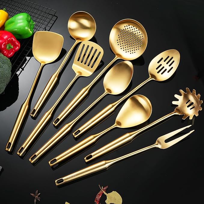 NIITAWH Gold Kitchen Utensils Set 18/10 Stainless Steel, 9 PCS All Metal Cooking Utensils Set 15" with Solid and Slotted Spoon, Fork, Spatula, Ladle, Skimmer, Slotted Tunner, Spaghetti and Large Spoon