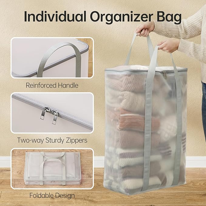 HAIXIN HOME 130L Stackable Storage Bin with 3 Storage Bags for Sorting and Organization, Foldable Storage Box with Wheels, Large Blanket Storage Container for Comforters, Bedding, Seasonal Clothing