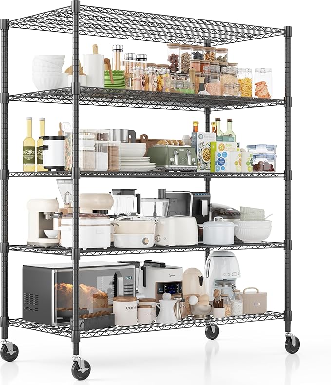 Homdox Heavy Duty Storage Shelves, 5 Tier Wire Shelving Unit with Wheels, Commercial Adjustable Metal Shelves for Storage, Garage Rack Pantry Shelves Kitchen Shelving, 24"x60"x82", Black