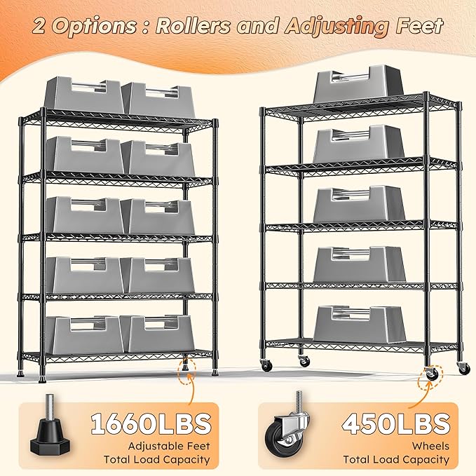 REIBII 73''H Storage Shelves 1660LBS Wire Shelving Unit with Wheels 5 Tier Metal Shelving,Heavy Duty Metal Shelves for Storage Rack,Commercial Industrial Shelving for Garage Kitchen 73''HX35''WX15''D
