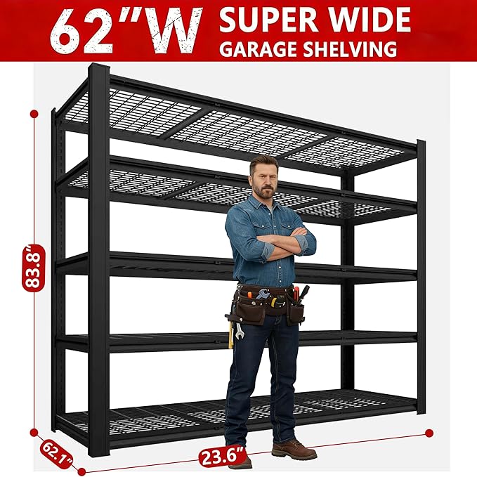 Extra Large 84" Hx 62.12" Widex 24" D Adjustable Industrial Metal/Steel 6-Shelf-Storage-Rack Heave Duty Utility Tall Garage/Warehouse Shelving Shelves Unit/System for Bin/Shed, Black