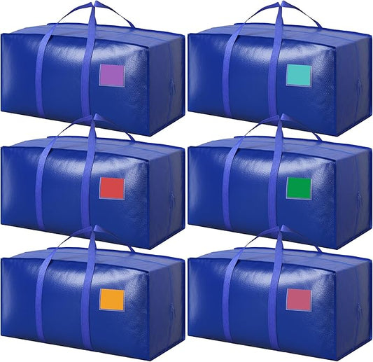 6 Pack Extra Large Heavy Duty Moving Bags with Reinforced Zipper & Wide Handles, Moisture-Resistant Storage Bins Packing Cubes for Clothes, College Dorm, Travel, and Home Organization, Blue