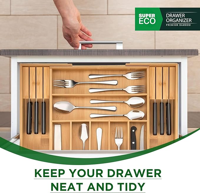 SUPER ECO Bamboo Kitchen Drawer Organizer - Bamboo Expandable Drawer Organizer Utensil Holder & Cutlery Tray - Adjustable Wood Drawer Dividers Organizer for Silverware, Flatware, Knives (9 Slot)