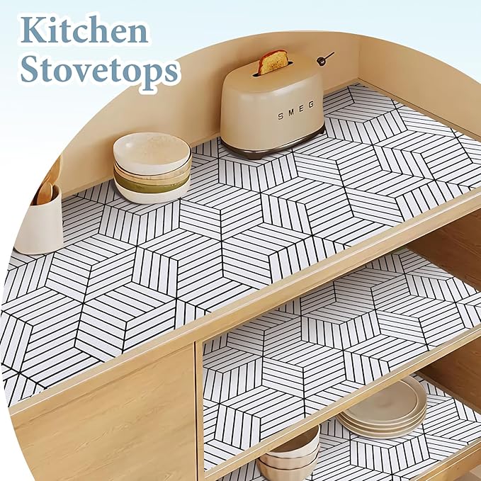 Shelf Liners for Kitchen Cabinets 12in x 20FT, Non Adhesive Cabinet Liner Strong Non-Slip Thickened Black White Geometric Drawer Liner, Easy to Clean for Shelf, Cabinet with Knife and Tape Measure