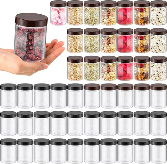 Mifoci 50 Pcs 8.45 oz Clear Plastic Jars Containers Wide Mouth Food Storage Jar for Kitchen Dry Food Butter Honey Cosmetics Cream, Black and Brown(2.56''l X 3.35''h)
