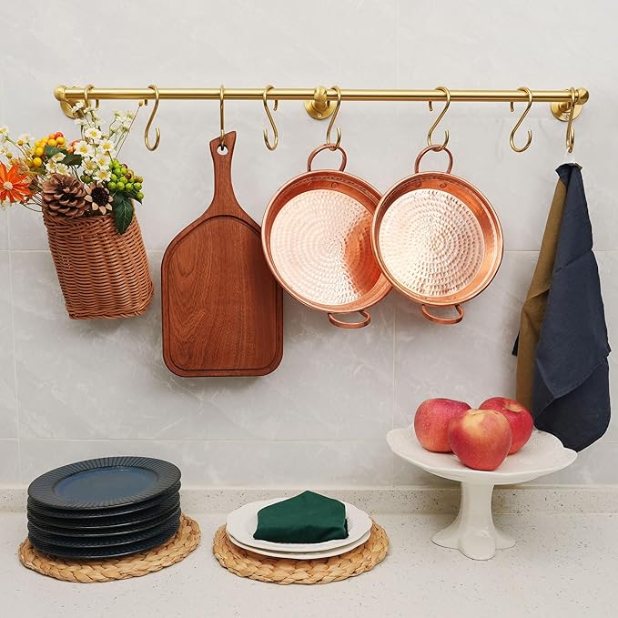SRYBLT 31.0 Inch Brass Pot Rack with Hooks,Wall Kitchen Mounted Organizer,Segmented RailHanging Rack for Kitchen Wall Rail with Hooks