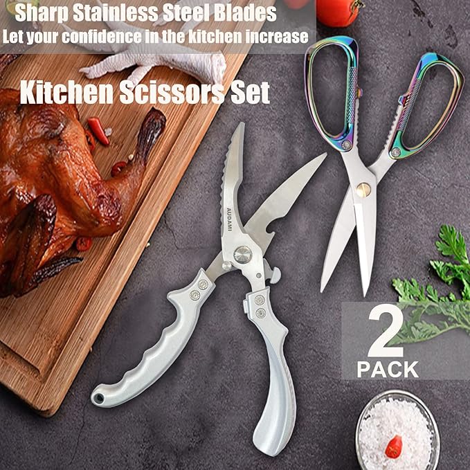 AUDAMI 2-Piece Kitchen Shears Set, Heavy Duty Professional Poultry Meat Scissors,Multi-Purpose Stainless Steel, Dishwasher Safe