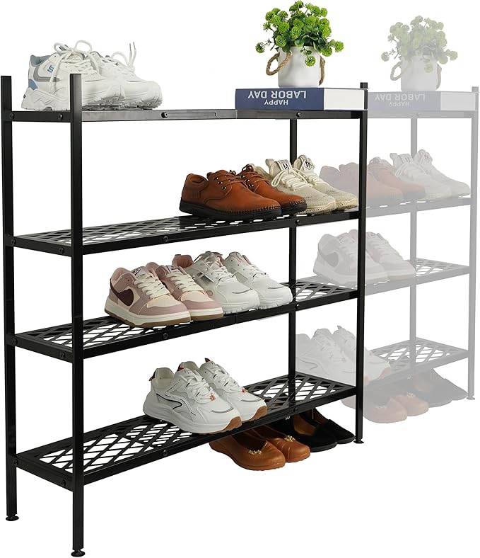 Shoe Rack, 4-Tier Long Shoe Rack, Stackable Shoe Storage Organizer Expandable Shoe Shelf Stand, Holds up to 25-30 Pairs of Shoes for Entryway, Garage, Front Door Entrance, Metal,45.6in Black