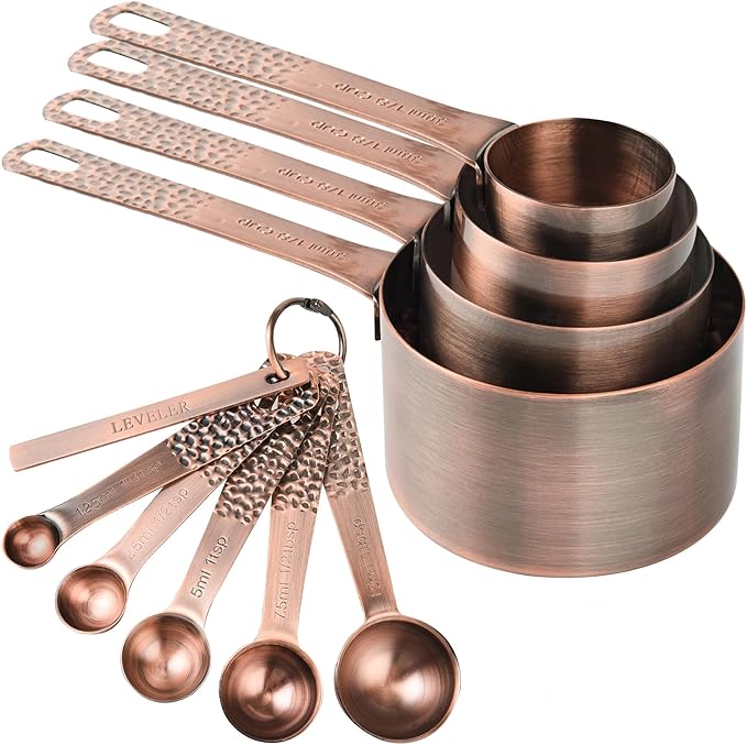 SUNMVEHOT Copper Measuring Cups and Spoons Set, Stainless Steel Measuring Tools Set for Baking & Kitchen, Metric & US 4 Copper Plated Measure Cups and 5 Measure Spoons with Leveler for Wet & Dry
