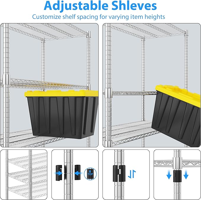 Homdox 5 Tier Heavy Duty Storage Shelves, Wire Shelving Unit with Wheels, Commercial Adjustable Metal Shelves for Storage, Garage Rack Pantry Shelves Kitchen Shelving, 24"x 60"x 82", Chrome