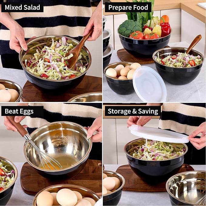 LKTDYMEG Black Mixing Bowls with Lids Set of 7, Stainless Steel Nesting Bowl with Khaki Lid for Non-slip Mixing Prepping Storing Serving, 7 Sizes-7/3.6/2.7/2.1/1.5/1/0.8 QT