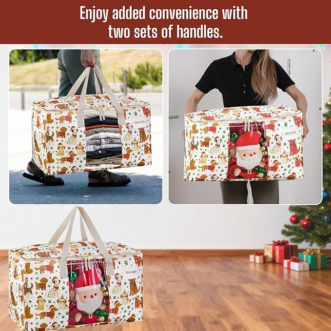 VENO 6 Pack Moving Bags, Large Christmas Storage Bins with lids, Packing Supplies for College, Alternative to Moving Boxes, Foldable, Heavy-Duty Tote, Christmas Pattern (Holiday Pups, 6 Pack)
