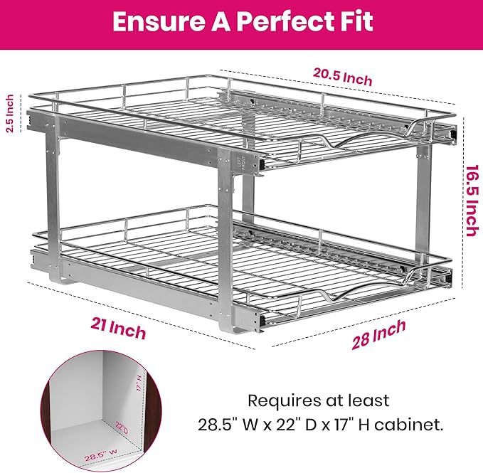 2-Tier Pull-Out Cabinet Organizer with Heavy-Duty Steel Frame, Full-Extension Sliding Shelves, Holds 100 lbs, Easy Install for Kitchen, Pantry & Under Sink Cabinets, 28" W x 21”D x 16.5" H