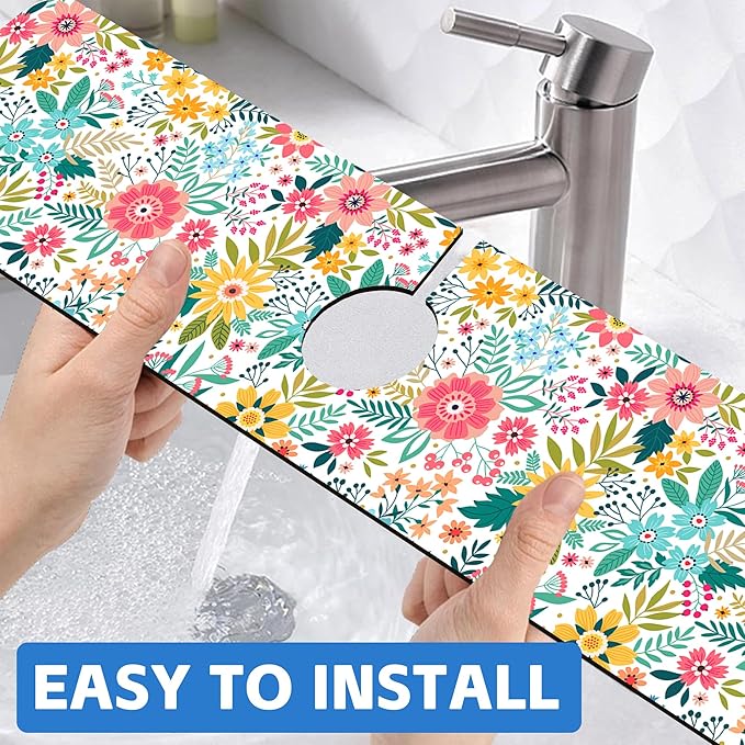 Colorful Floral Leaves Berries Kitchen Sink Splash Guard Mat Absorbent Fast Drying Faucet Draining Mat Behind Faucet Drip Catcher for Kitchen Bathroom 5.5"24