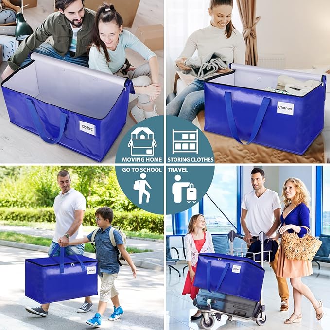 HomeHacks Moving Bags Heavy Duty with Strong Zippers and Handles Collapsible Moving Supplies, Storage Totes for Packing & Moving Storing 125L,10-Pack, Blue