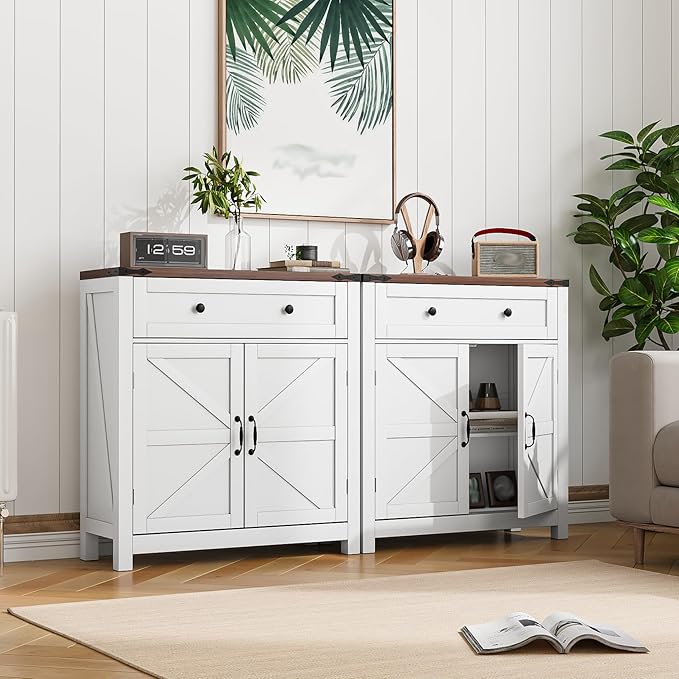Mino Kesper Farmhouse Storage Cabinet with 2 Doors, White Kitchen Cabinet with Walnut Countertop, Freestanding Floor Storage Cabinets Hutch Cupboard