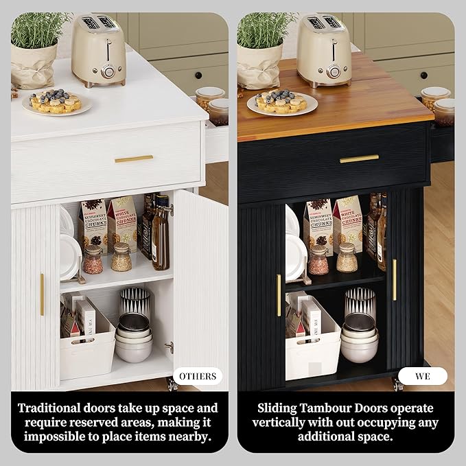 DHH Rolling Kitchen Island with Drop Leaf Countertop&Ample Storage - 39.4" Small Mobile Kitchen Cart On Wheels with Sliding Door,Drawers,Spice Rack & 2-Tier Storage (Black)